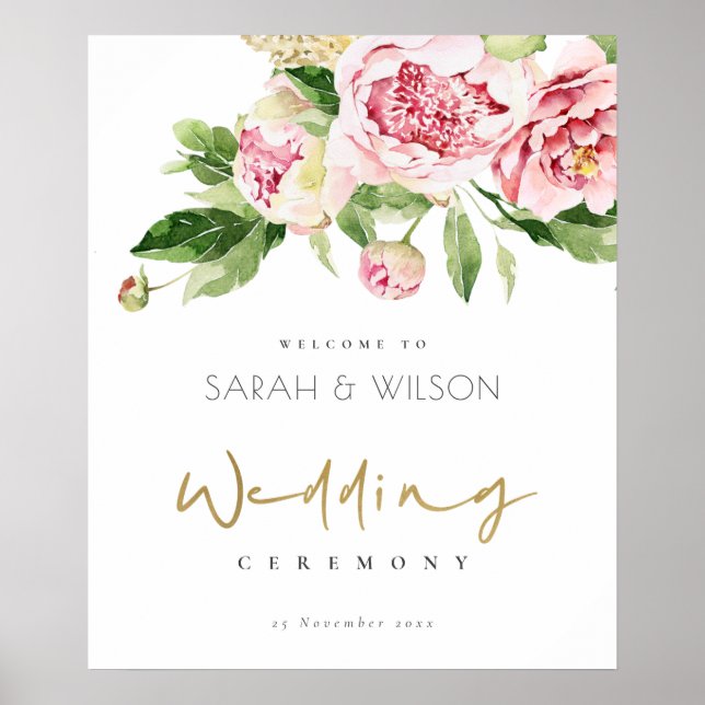 SOFT BLUSH FLORAL PEONY WATERCOLOR WEDDING WELCOME POSTER (Front)