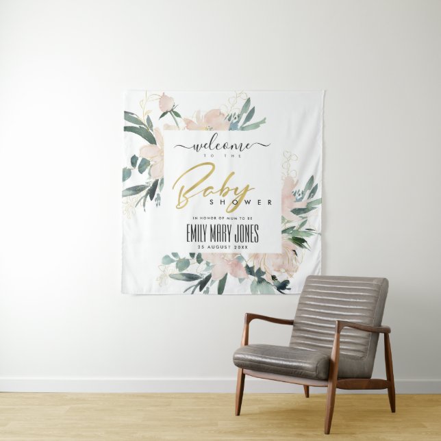 SOFT BLUSH FLORAL WATERCOLOR BABY SHOWER WELCOME TAPESTRY (In Situ)
