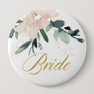 SOFT BLUSH GOLD FLORAL BUNCH WATERCOLOR BRIDE 4 INCH ROUND BUTTON