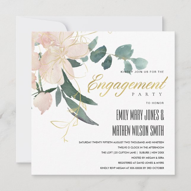 SOFT BLUSH GOLD FLORAL BUNCH WATERCOLOR ENGAGEMENT INVITATION (Front)