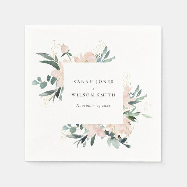 SOFT BLUSH GOLD FLORAL FRAME WATERCOLOR WEDDING NAPKIN (Front)