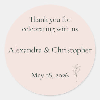 Soft Blush Lily Personalized Wedding Thank You  Classic Round Sticker