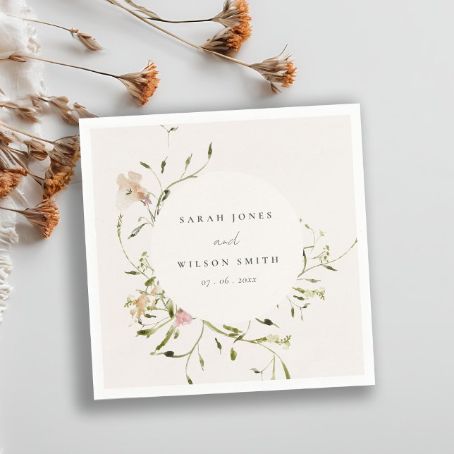 Soft Blush Meadow Watercolor Floral Wreath Wedding Napkin (Creator Uploaded)