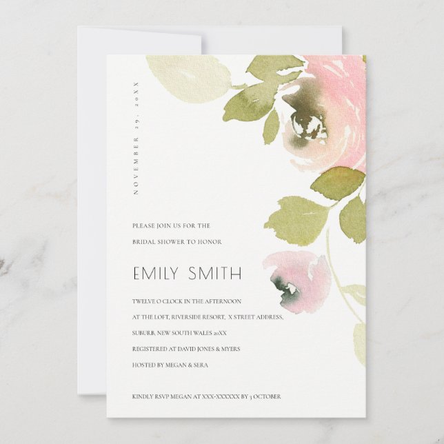 SOFT BLUSH PEACH GREEN FLORAL BRIDAL SHOWER INVITE (Front)