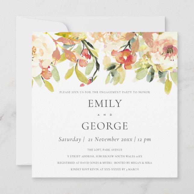 SOFT BLUSH PEACH PINK WATERCOLOR FLORAL ENGAGEMENT INVITATION (Front)
