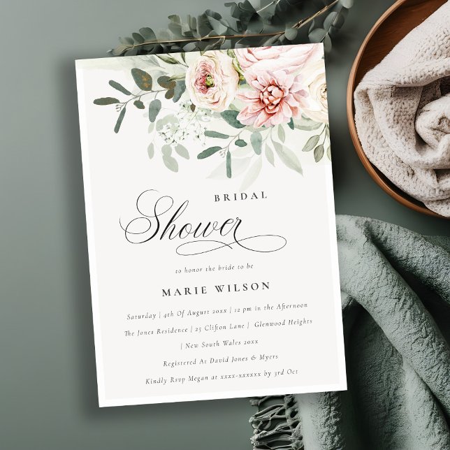 Soft Blush Peony Eucalyptus Foliage Bridal Shower Invitation (Creator Uploaded)