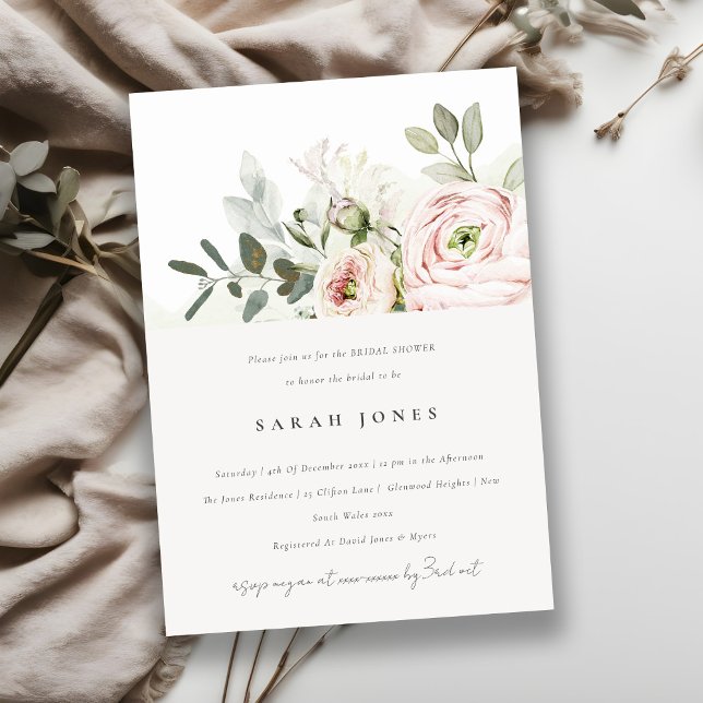 Soft Blush Peony Eucalyptus Foliage Bridal Shower Invitation (Creator Uploaded)