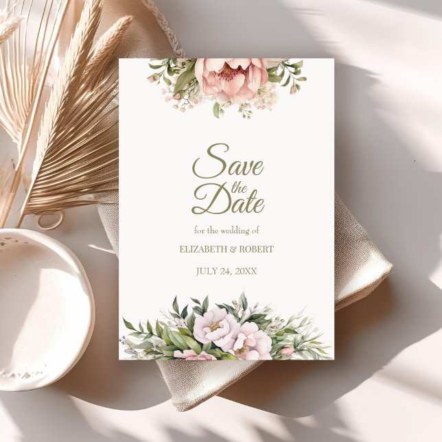 Soft Blush Peony Save The Date Card (Soft Peach and Blush Floral Save The Date Invitation on a neutral boho wedding table.)