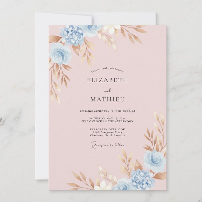Soft Blush Periwinkle Ranunculus Eucalyptus Weddin Invitation (Front)