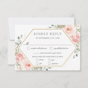 Soft Blush Pink Floral Gold Greenery Wedding Meal RSVP Card