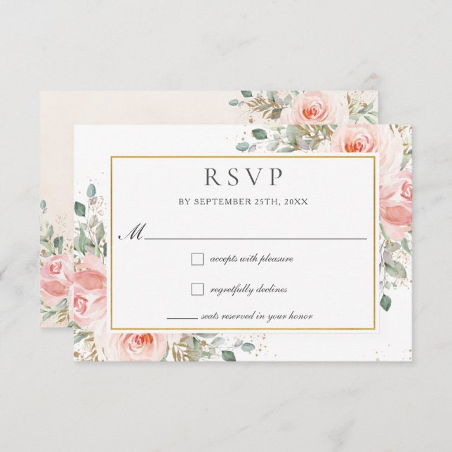Soft Blush Pink Floral Gold Greenery Wedding   RSV RSVP Card (Front/Back)