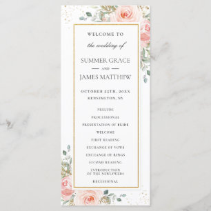 Soft Blush Pink Floral Gold Leafy Wedding Program