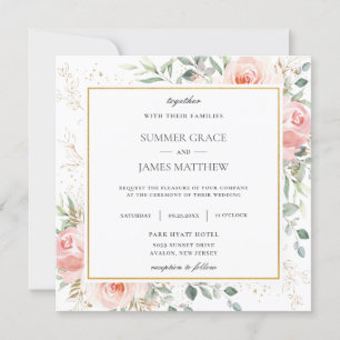 Soft Blush Pink Floral Greenery Wedding Square Invitation