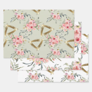 Soft Blush Pink Gold Floral Wedding Wrapping Paper Sheet