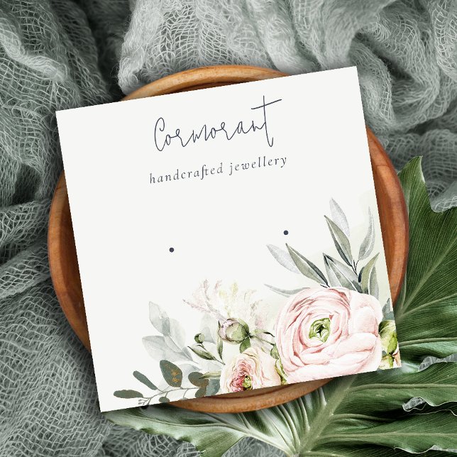 Soft Blush Pink Green Peony Floral Earring Holder Square Business Card (Creator Uploaded)