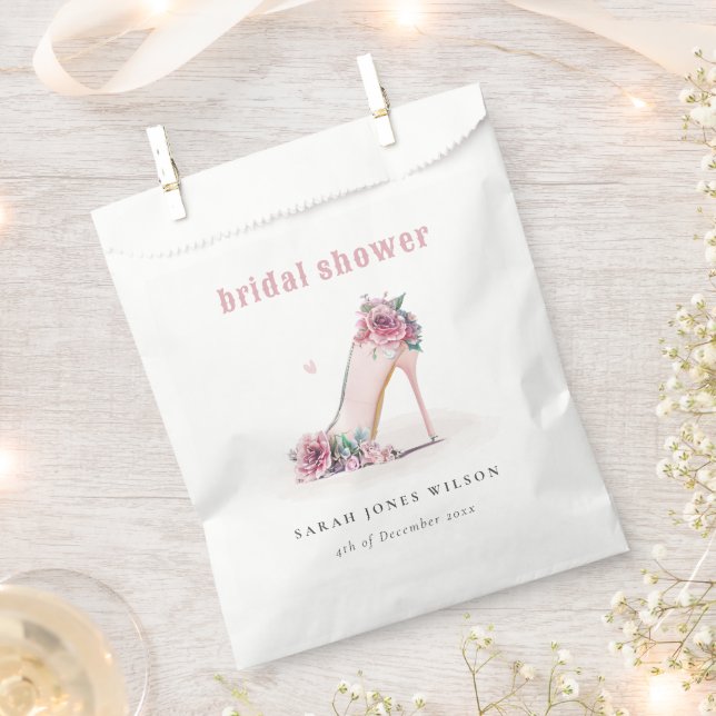 Soft Blush Pink High Heels Floral Bridal Shower Favour Bag (Clipped)