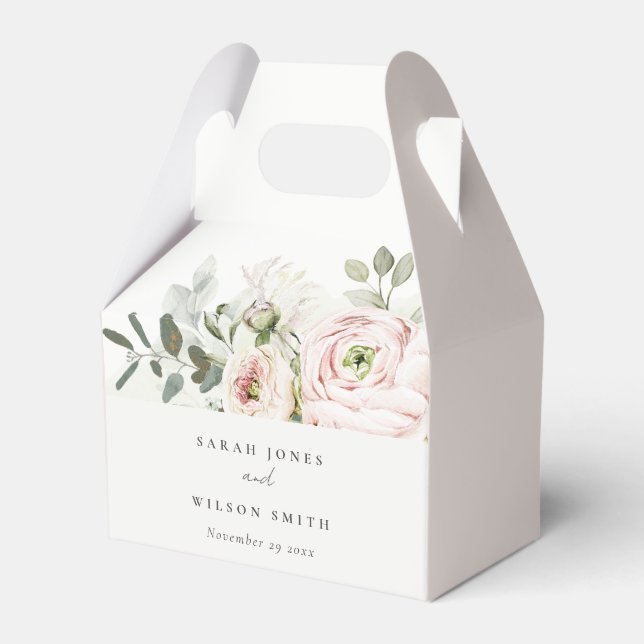 Soft Blush Pink Peonies Eucalyptus Foliage Wedding Favor Box (Front Side)