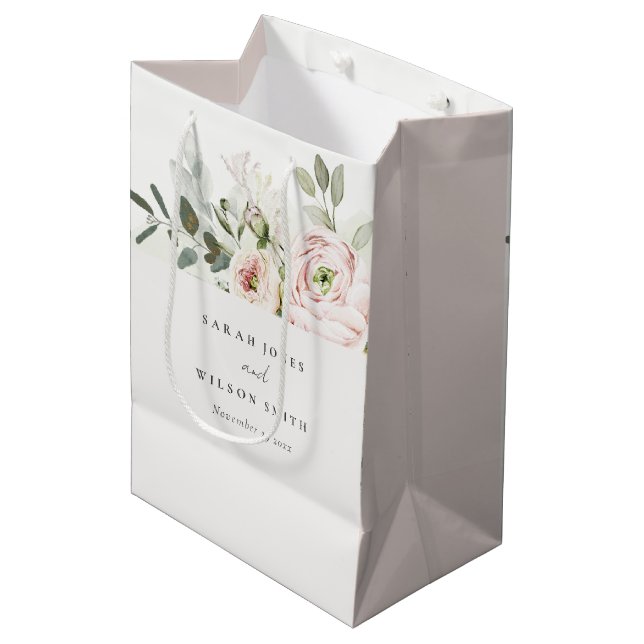 Soft Blush Pink Peonies Eucalyptus Foliage Wedding Medium Gift Bag (Front Angled)