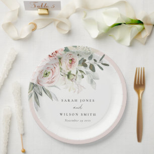 Soft Blush Pink Peonies Eucalyptus Foliage Wedding Paper Plate