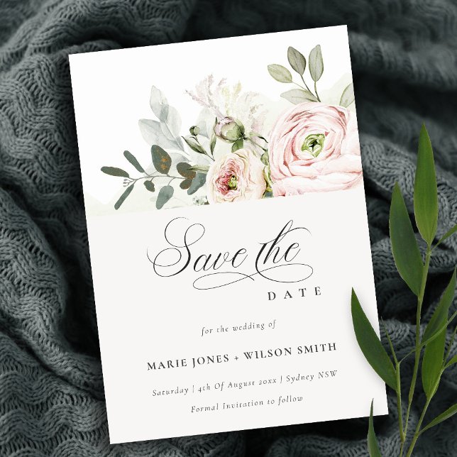 Soft Blush Pink Peonies Eucalyptus Save The Date Invitation (Creator Uploaded)