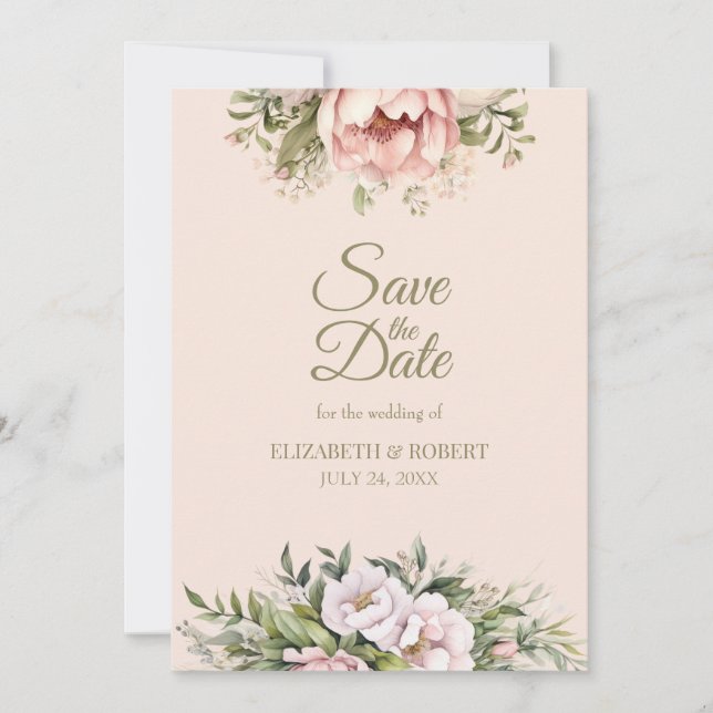 Soft Blush Pink Peony Save The Date Card (Devant)