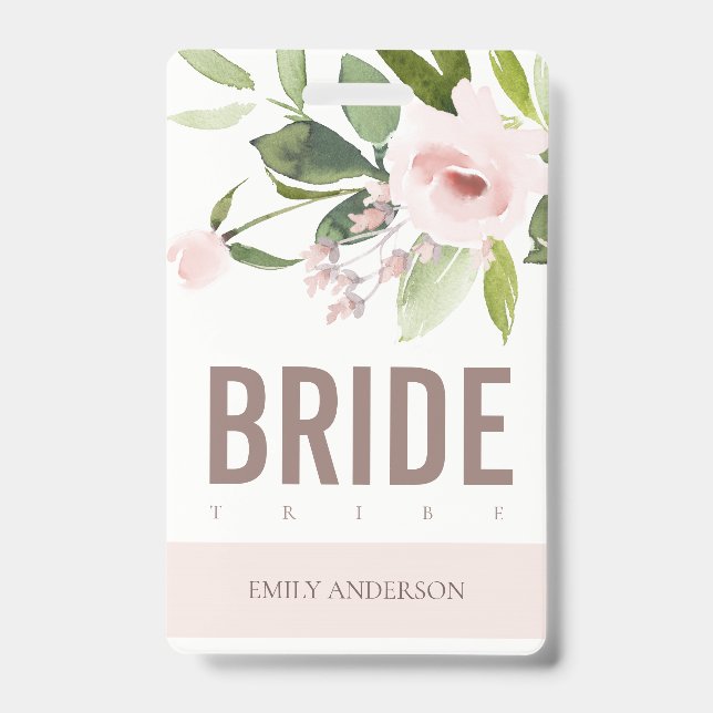 SOFT BLUSH PINK ROSE FLORAL BRIDE TRIBE WEDDING BADGE (Front)