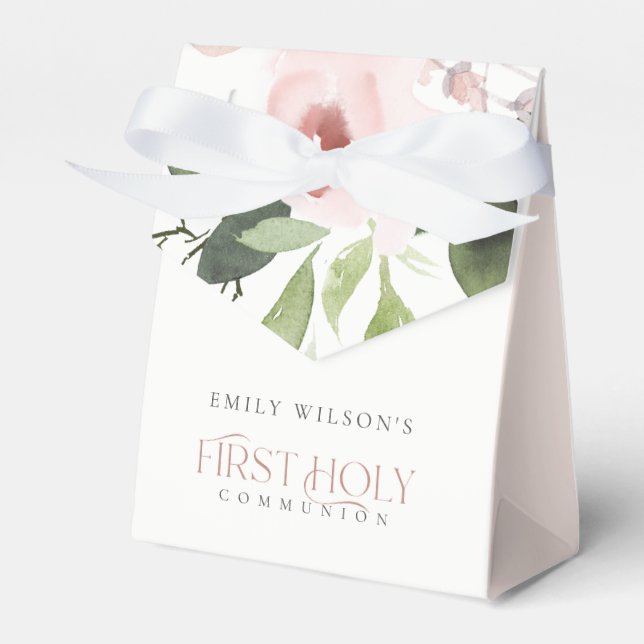 SOFT BLUSH PINK ROSE FLORAL FIRST HOLY COMMUNION FAVOR BOX (Front Side)