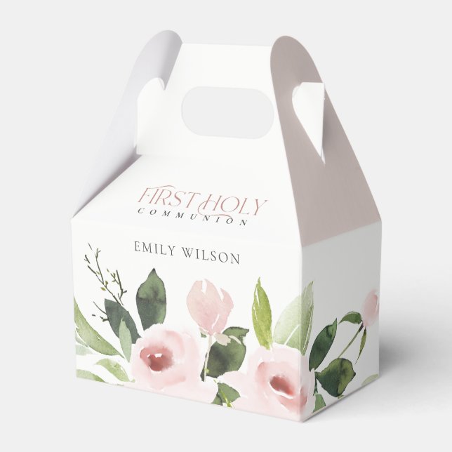 SOFT BLUSH PINK ROSE FLORAL FIRST HOLY COMMUNION FAVOR BOX (Front Side)