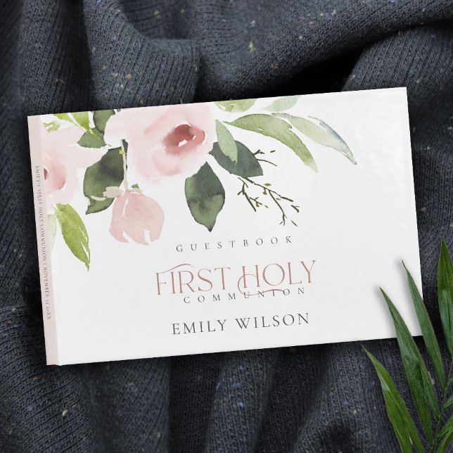 SOFT BLUSH PINK ROSE FLORAL FIRST HOLY COMMUNION GUEST BOOK (Creator Uploaded)
