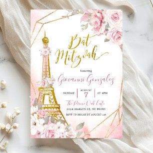 Soft Blush Pink Rose Paris Bat Mitzvah Invitation