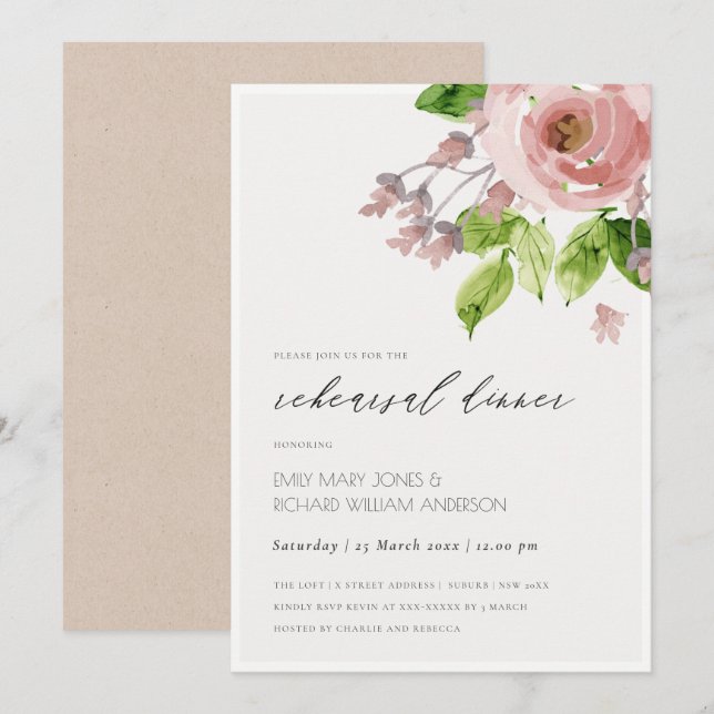 SOFT BLUSH PINK WATERCOLOR FLORAL REHEARSAL DINNER INVITATION (Front/Back)