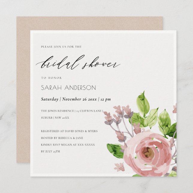 SOFT BLUSH PINK WATERCOLOUR FLORAL BRIDAL SHOWER INVITATION (Front/Back)