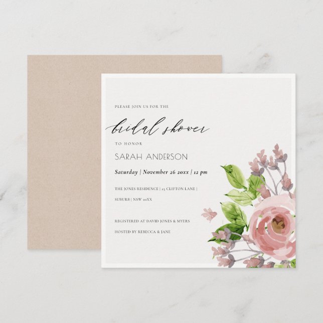 SOFT BLUSH PINK WATERCOLOUR FLORAL BRIDAL SHOWER INVITATION (Front/Back)