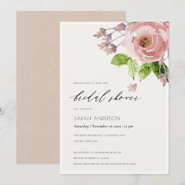 SOFT BLUSH PINK WATERCOLOUR FLORAL BRIDAL SHOWER INVITATION (Front/Back)