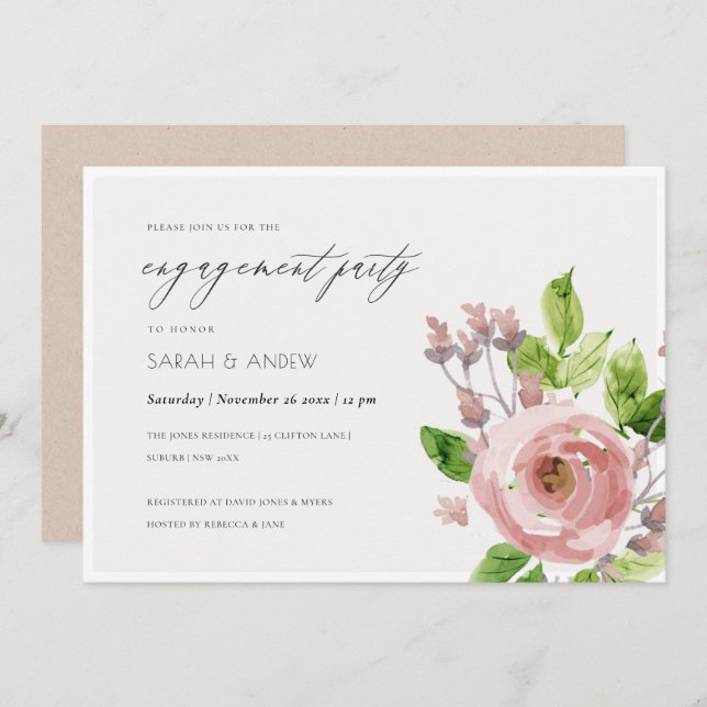 SOFT BLUSH PINK WATERCOLOUR FLORAL ENGAGEMENT INVITATION (Front/Back)