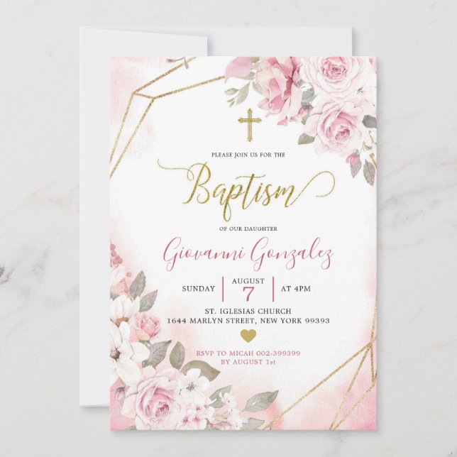 Soft Blush Rose Girl Baptism Invitation (Devant)