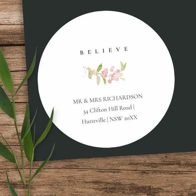 SOFT BLUSH ROSE PINK CHRISTMAS BELIEVE ADDRESS CLASSIC ROUND STICKER (Creator Uploaded)