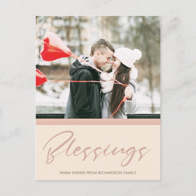 SOFT BLUSH ROSE PINK CHRISTMAS BLESSINGS PHOTO HOLIDAY POSTCARD (Front)
