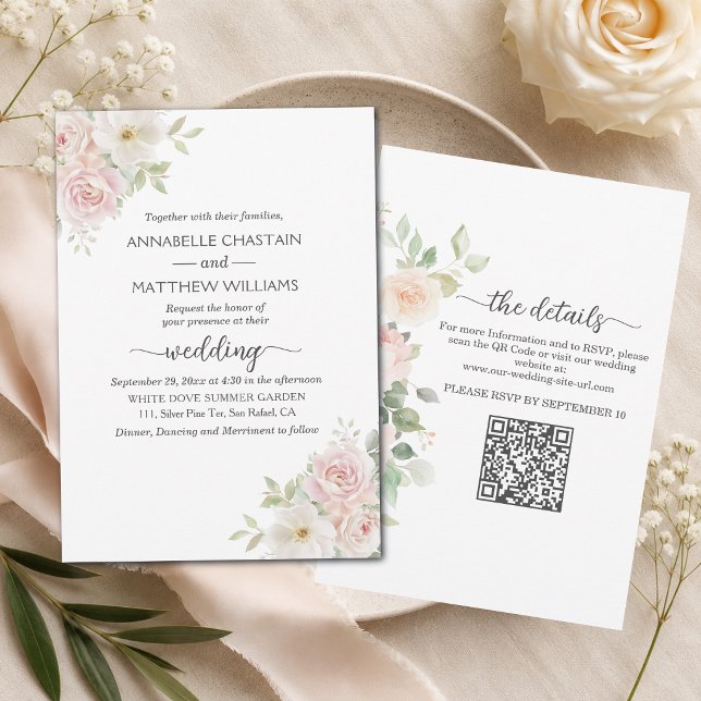 Soft Blush Roses All in One QR Code Wedding  Invitation (Creator Uploaded)