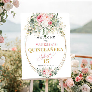 Soft blush roses gold greenery quinceañera welcome poster