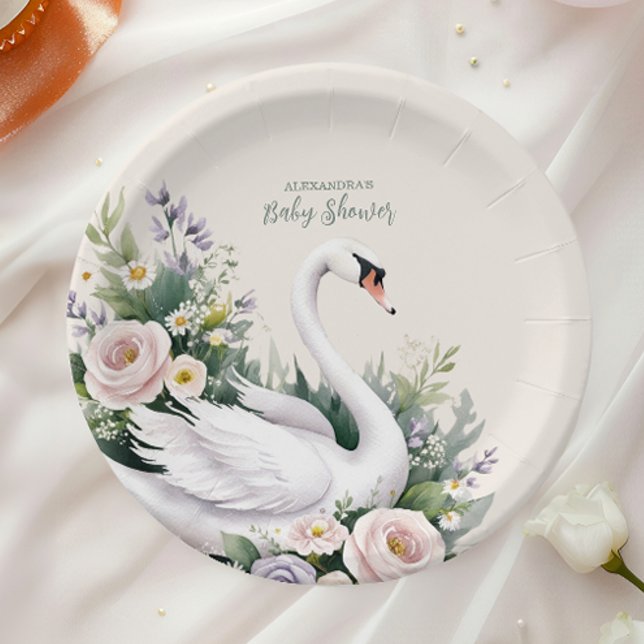 Soft Blush Swan Princess Baby Shower Paper Plate (Creator Uploaded)
