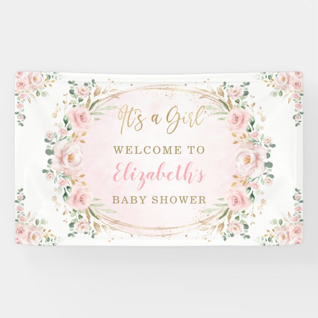 Soft Blush Watercolor Floral Roses Shower Welcome Banner (Horizontal)