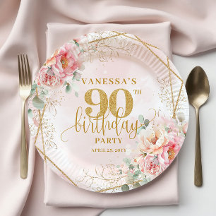 Soft Blush Watercolor Gold Frame 90th Birthday   Paper Plate