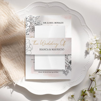Soft Blush Watercolor with Elegant Black Florals Invitation Belly Band