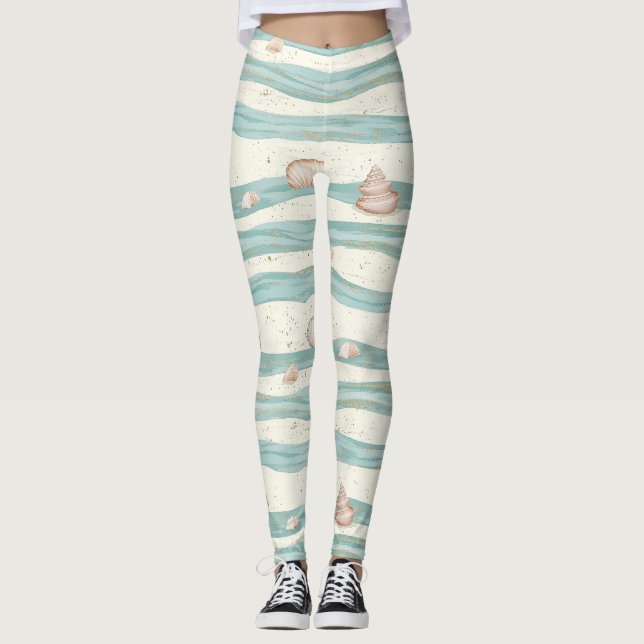 Soft Boho Beach Waves Seashell - Coastal Serenity Leggings (Front)