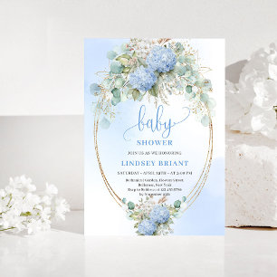 Soft Boho Blue Floral Baby Shower Gold Invitation