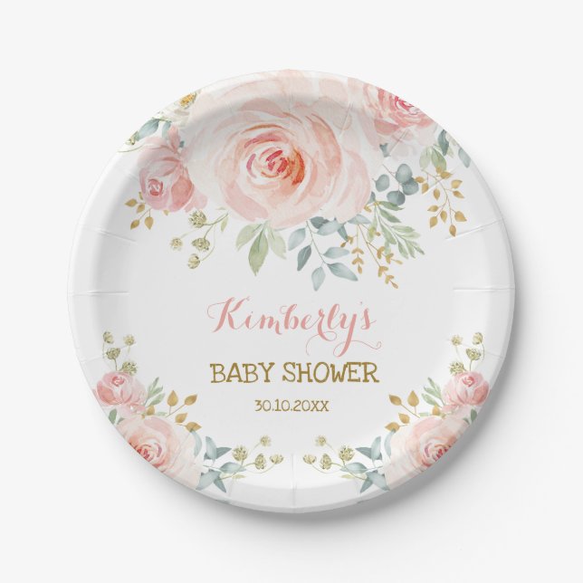 Soft Boho Blush Pink Gold Floral Baby Shower Paper Plate (Front)
