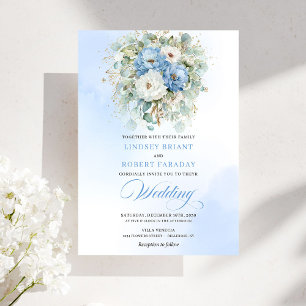 Soft Boho Dusty Blue White Peony Greenery Wedding Invitation