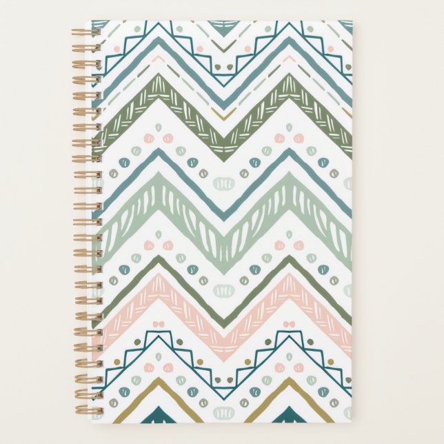 Soft Boho Ethnic Chevron Zig Zag Green Spiral Planner (Front)