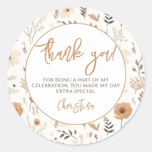 Soft Boho Floral Wildflower Party Thank You Classic Round Sticker (Front)